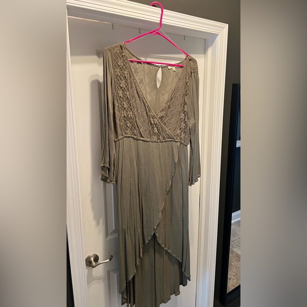 Boutique high-low wrap dress with cinch band.